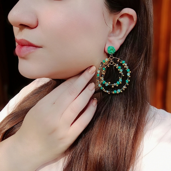 🐦The Mosaic Collection🐦Turquoise and Gold Boho Beaded Earrings - Picture 4 of 16